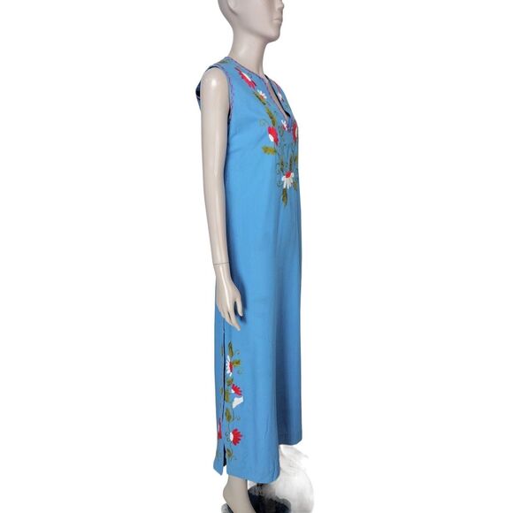 Vintage 70s Rodelinda Mexican Oaxacan Sleeveless Floral Embroidered Dress S/M/L - Picture 3 of 8